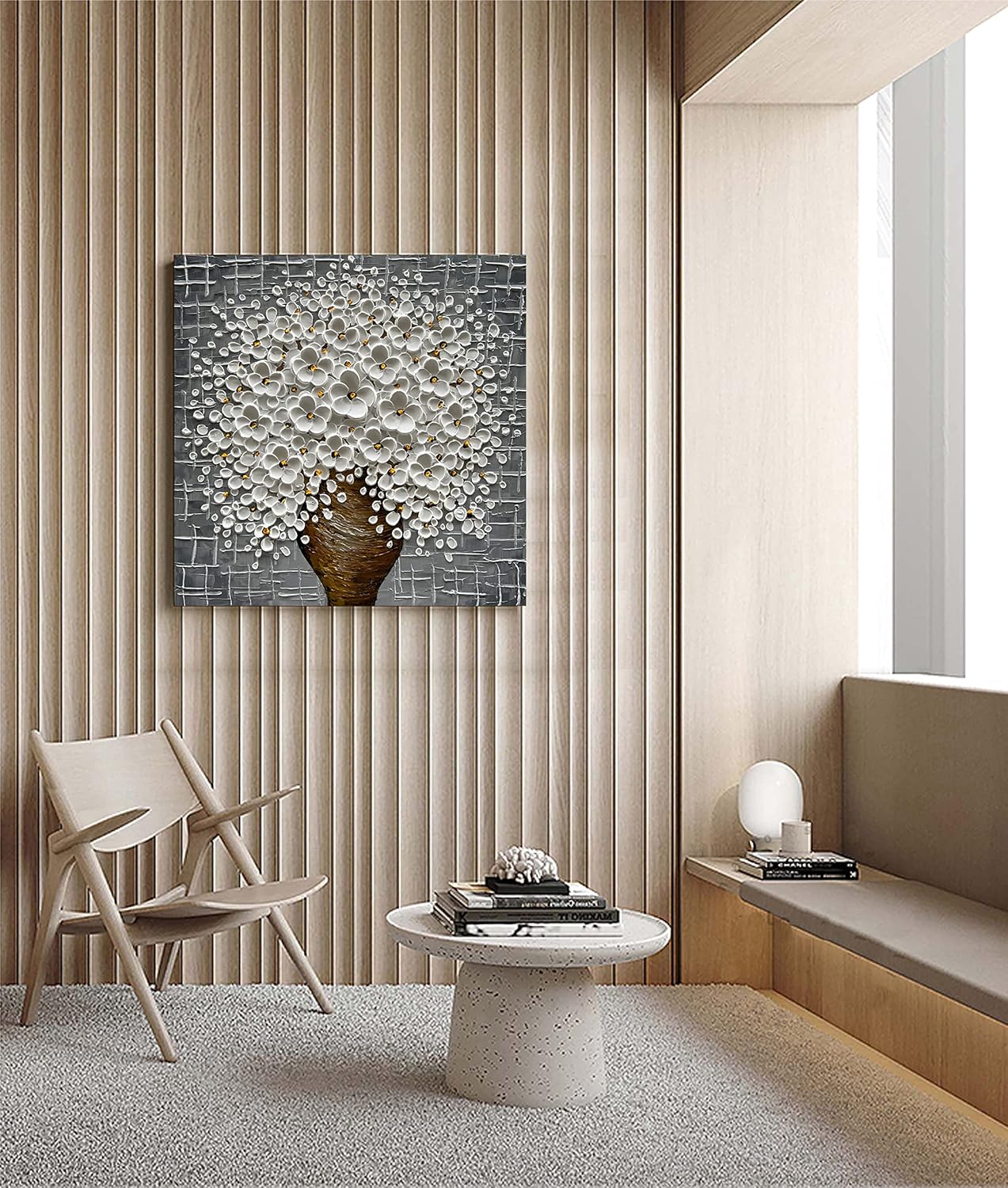 Epicler Hand-Painted 3D Abstract Modern Oil Painting Wall Art,24x24 Inch White Flower Painting, Flower Wall Art Painting,Living Room Bedroom Wall Decoration Oil Painting Ready to Hang