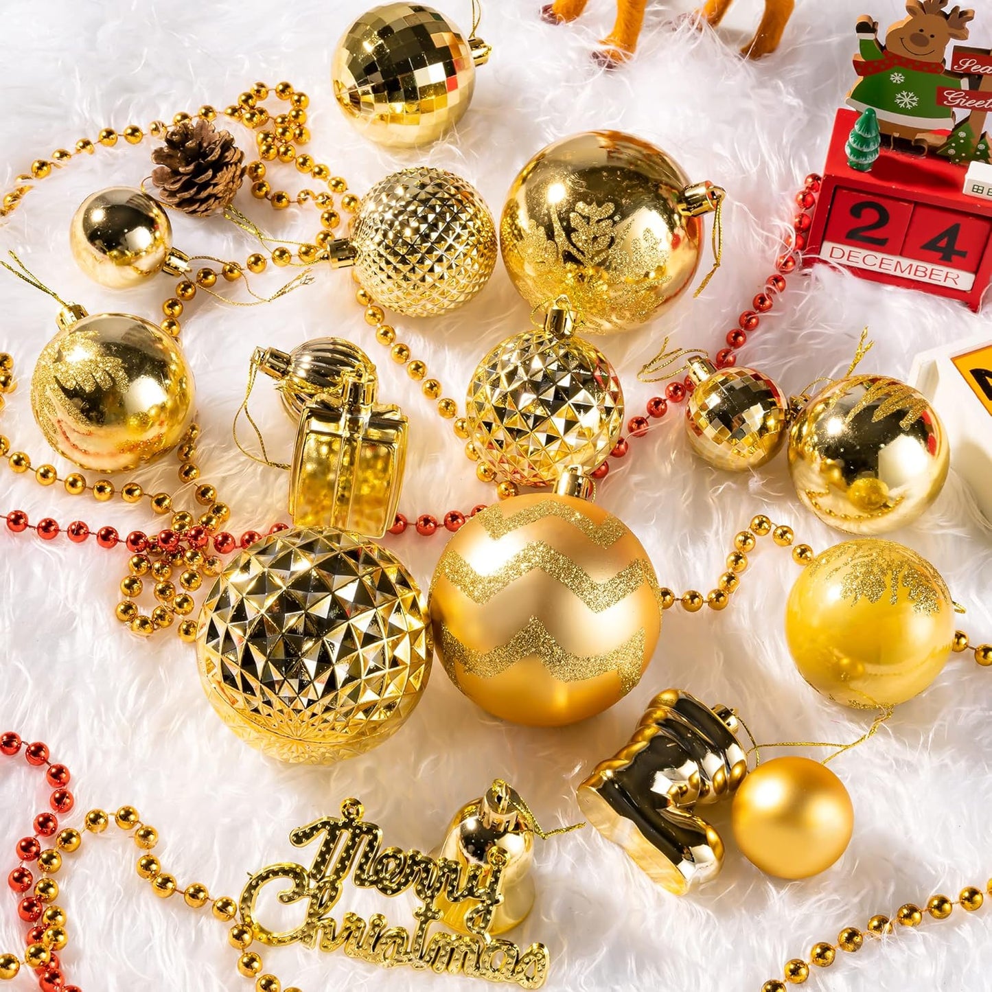 116Pcs Gold Christmas Ball Ornaments, Shatterproof Hanging Decoration Set with Gift Box, Assorted Decorative Baubles for Xmas Tree/Home/Wedding/Party/Holiday