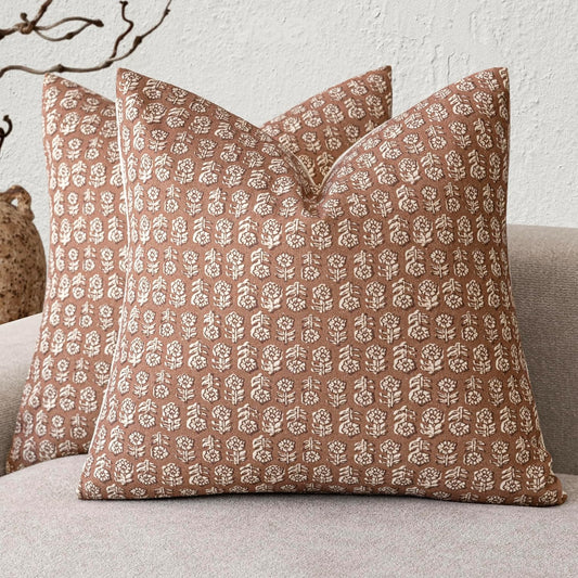 Foindtower Set of 2 Decorative Vintage Floral Print Throw Pillow Covers Neutral Farmhouse Cushion Covers Boho Home Decor for Sofa Couch Chair Bedroom Living Room Outdoor,24×24 Inch,Light Orange Brown