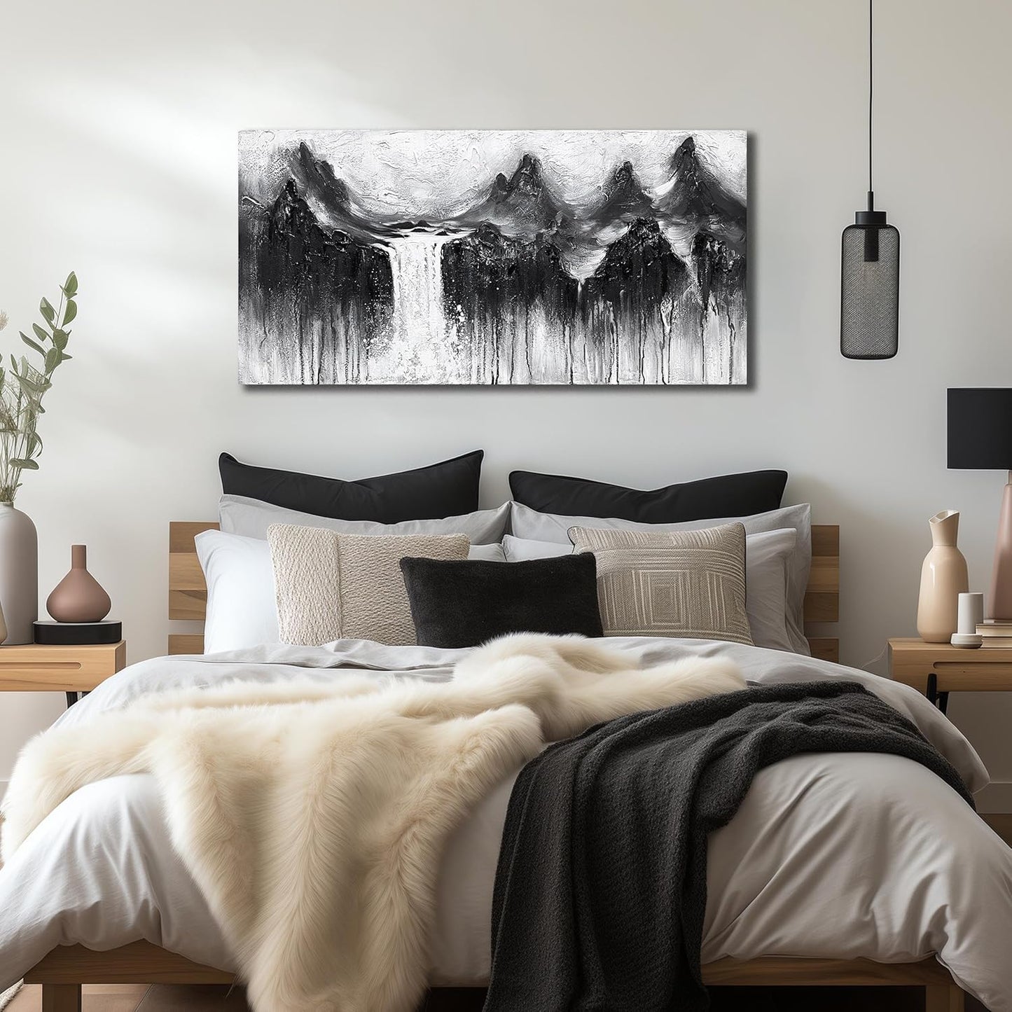 Natural Landscape Hand Painted Wall Art for Office Mountain Painting Wall Decor for Living Room Waterfall Canvas Wall Art for Bedroom Size 24 x 47 Inch