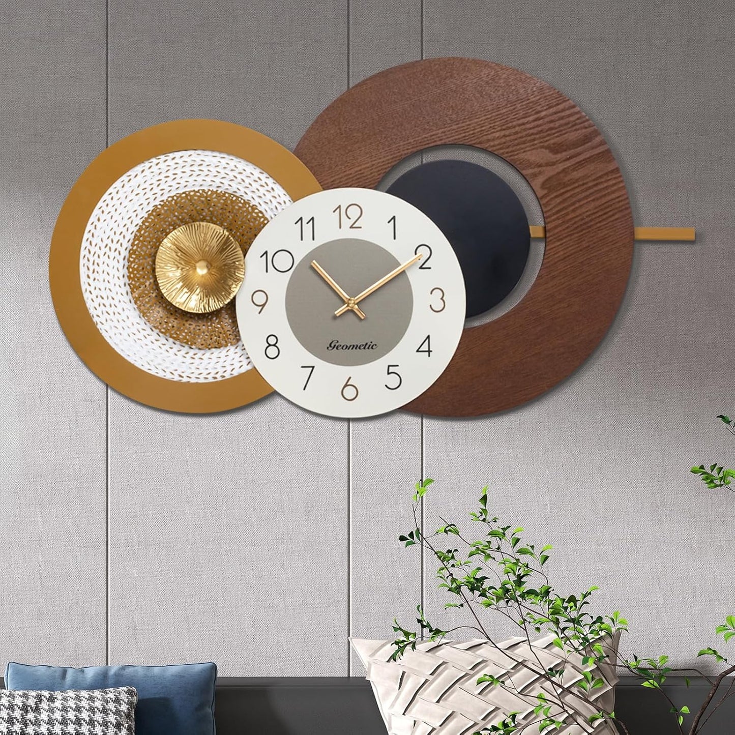 Large Mid Century Wall Clock for Living Room Modern Big Wall Clocks Wood with Metal Battery Operated Wall Clocks Light Luxury Time Clocks Suitable for Home,Bed Room,Kitchen,Office 27X16inch