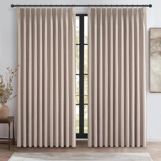 Extra Wide Thick Burlap Blackout Patio Door Curtains for Sliding Glass Door 2 Panels Set, Farmhouse Boho Pinch Pleated Flax Linen Blend Energy Efficient Bedroom Window Large Drapes (70"Wx84"L)