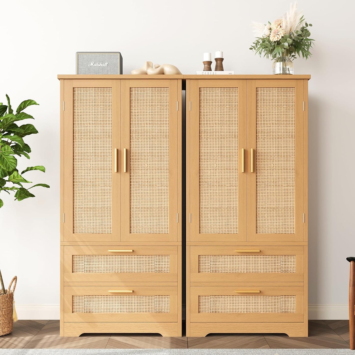 50.4" H Bathroom Storage Cabinet, Modern Floor Cabinet with Adjustable Shelf, Small Pantry with 2 Doors & Drawers, Storage Cabinet for Bathroom, Living Room, Kitchen, Natural KES007MCWG