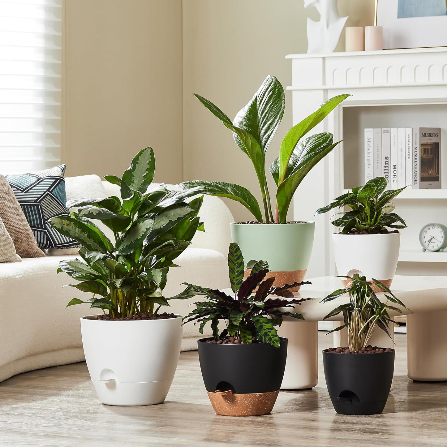 FaithLand 3-Pack Large Planter Pots, 12 10 9 Inch Self Watering Flower Pots for Indoor Outdoor Garden Plants, Black with Brown