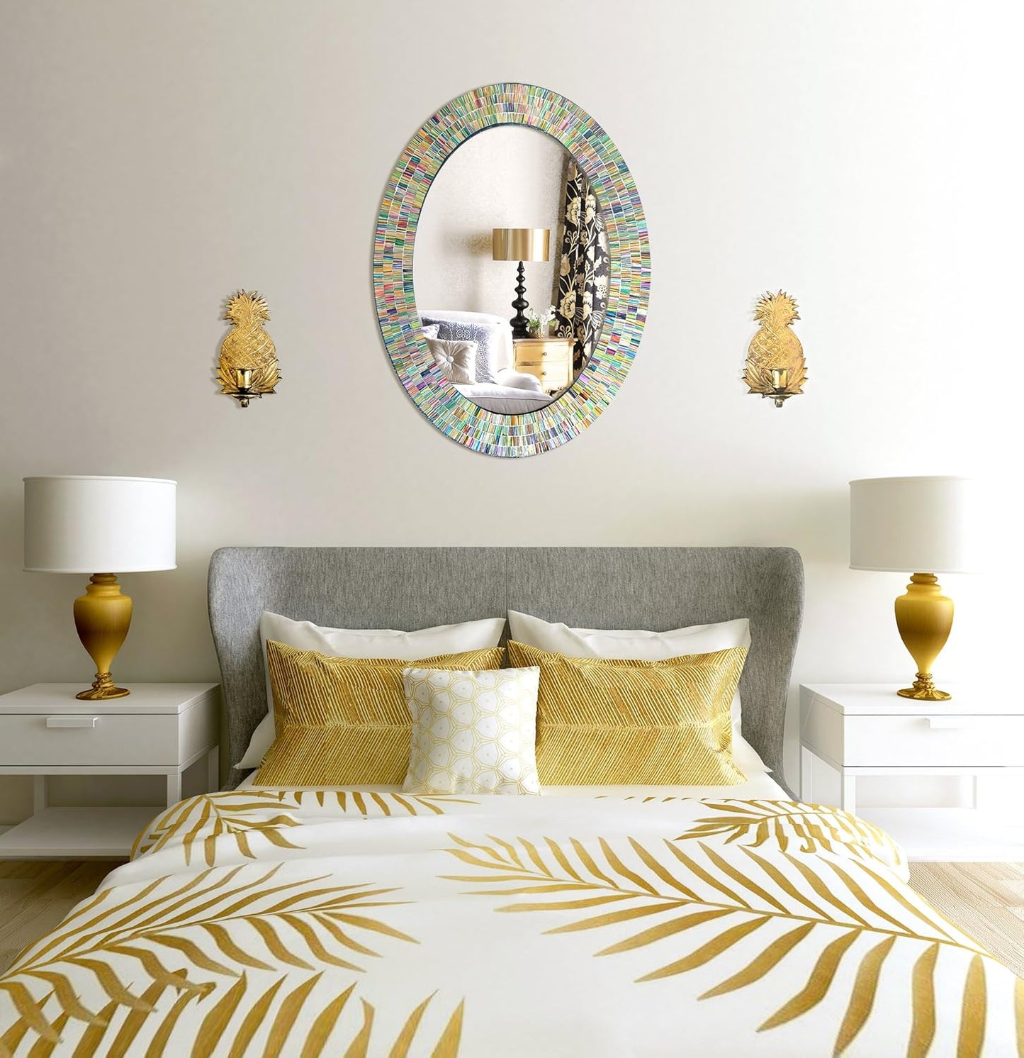 Bohemian Rainbow Wall Mirror -Glass Mosaic Decorative Wall Mirror, Multi Color Spectrum Wall Mountable, Oval Multi-Color Framed Mirror (32 in. x 24 in.)