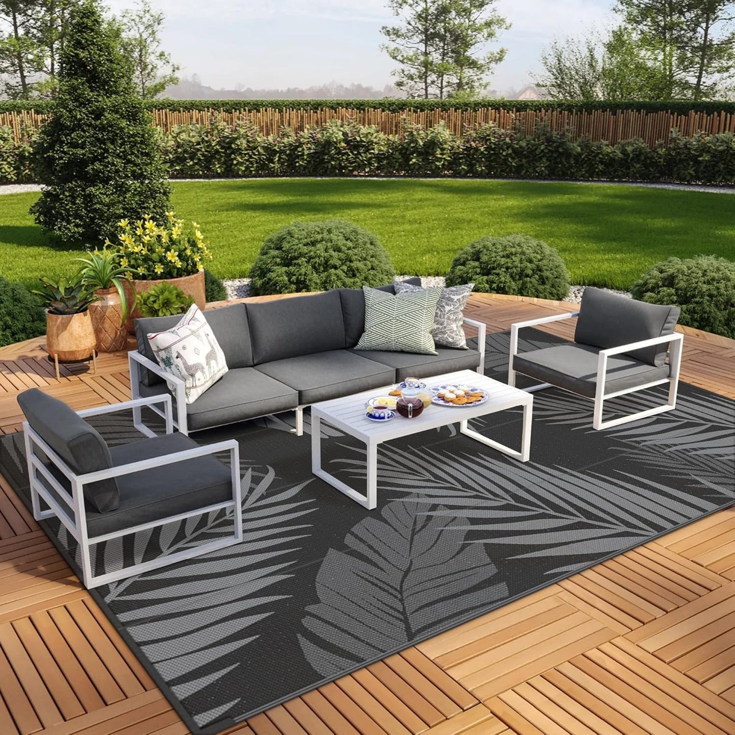 GENIMO Outdoor Rug 10' x 14' Waterproof for Patios Clearance, Reversible Outdoor Plastic Straw Camping Rug Carpet, Large Area Rugs Mats for RV, Camper, Deck, Balcony, Porch, Beach, Picnic, Black&Grey