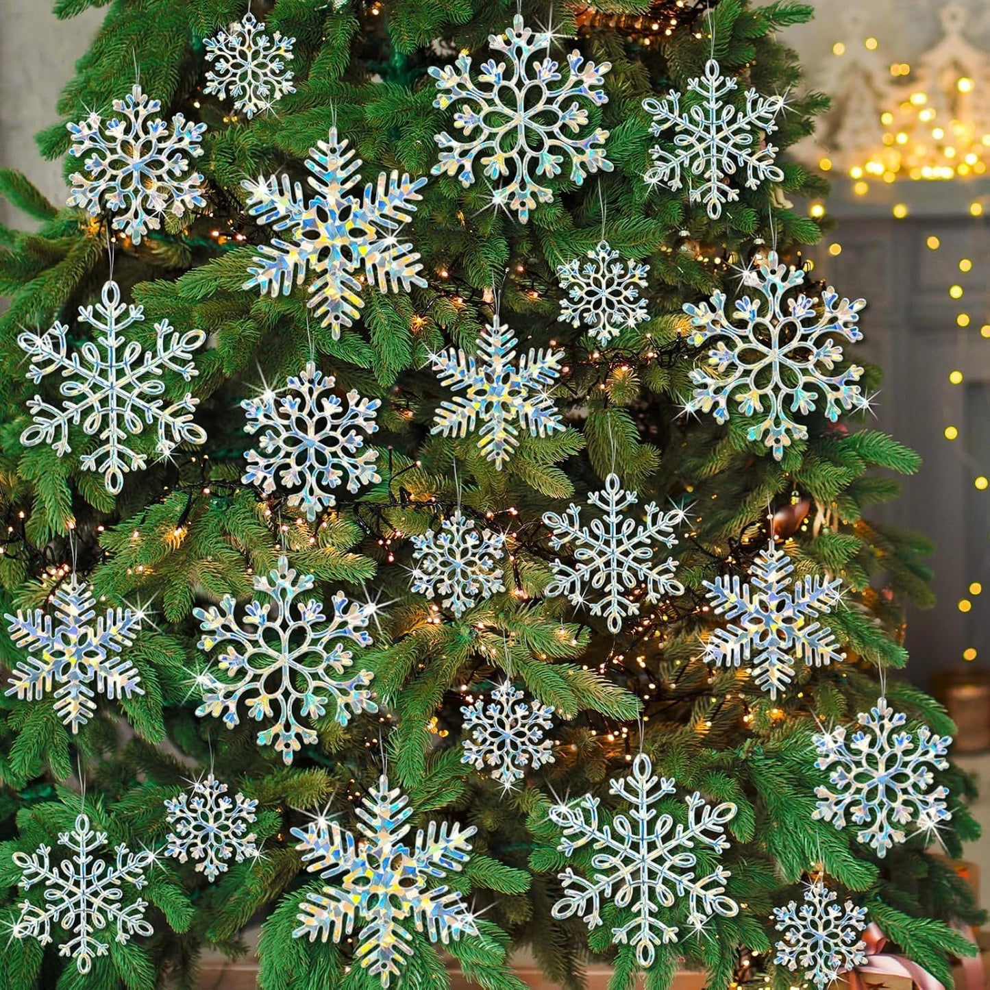 36 Pack Christmas Ornaments Snowflakes Decorations - Iridescent Plastic Snowflakes Hanging Decorations for Winter Holiday Christmas Birthday Party Decoration Supplies