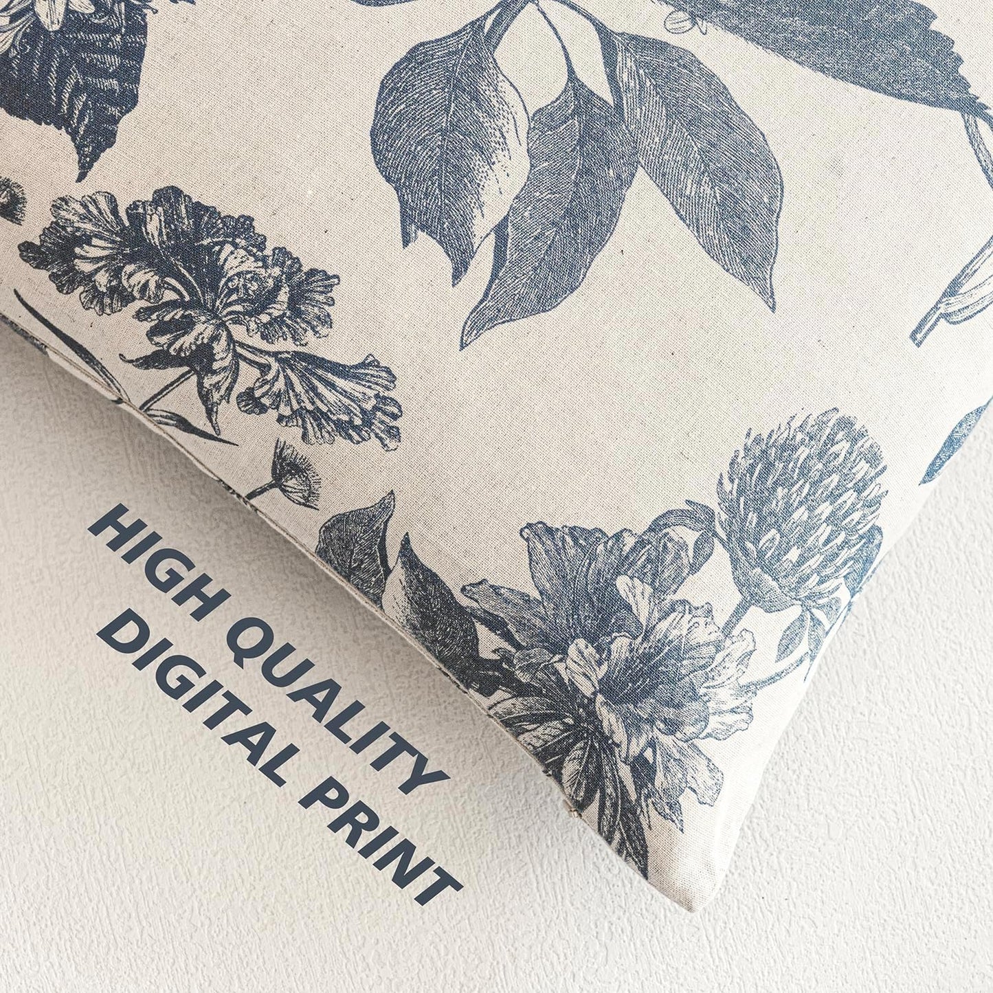 Foindtower Set of 2 Linen Floral Vintage Throw Pillow Covers Neutral Accent Print Decorative Cushion Covers Farmhouse Boho Home Decor for Sofa Chair Couch Bedroom Living Room Outdoor,24×24 Inch,Blue