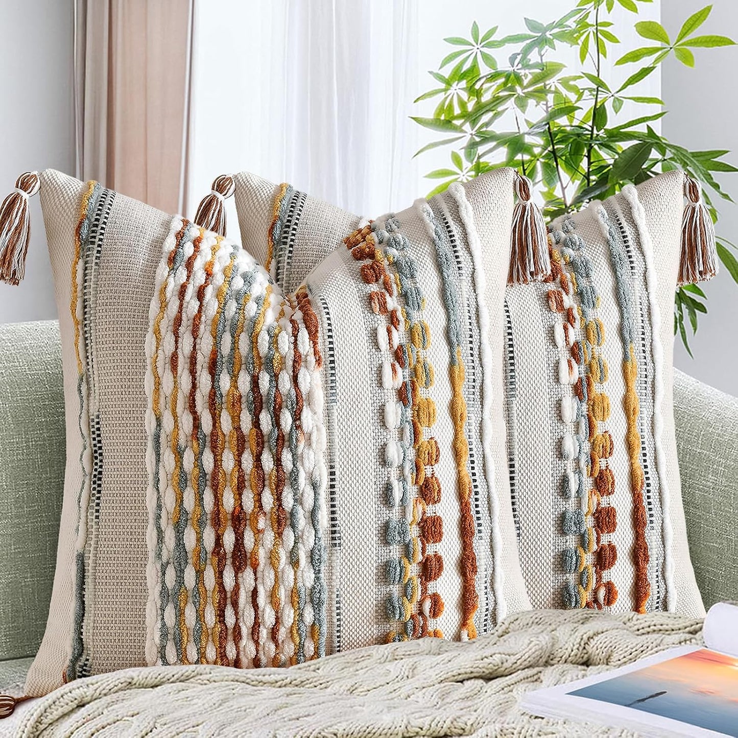 AmHoo Set of 2 Chenille Striped Textured Boho Throw Pillow Covers Aesthetic with Tassels Woven Decorative Pillow Case for Couch Bed Sofa Bedroom Modern Funky 18 x 18-Inch Brown
