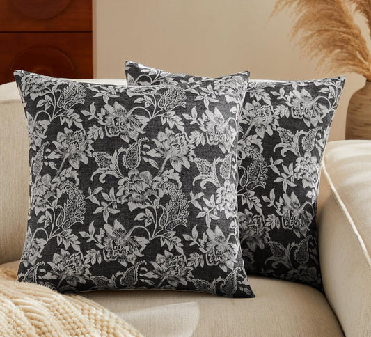 Floral Jacquard Throw Pillow Covers Set of 2, Background/Charcoal 22x22 Inch, Farmhouse Decorative Cotton Dark Grey Cushion Covers for Sofa Bed Living Room Home Decor