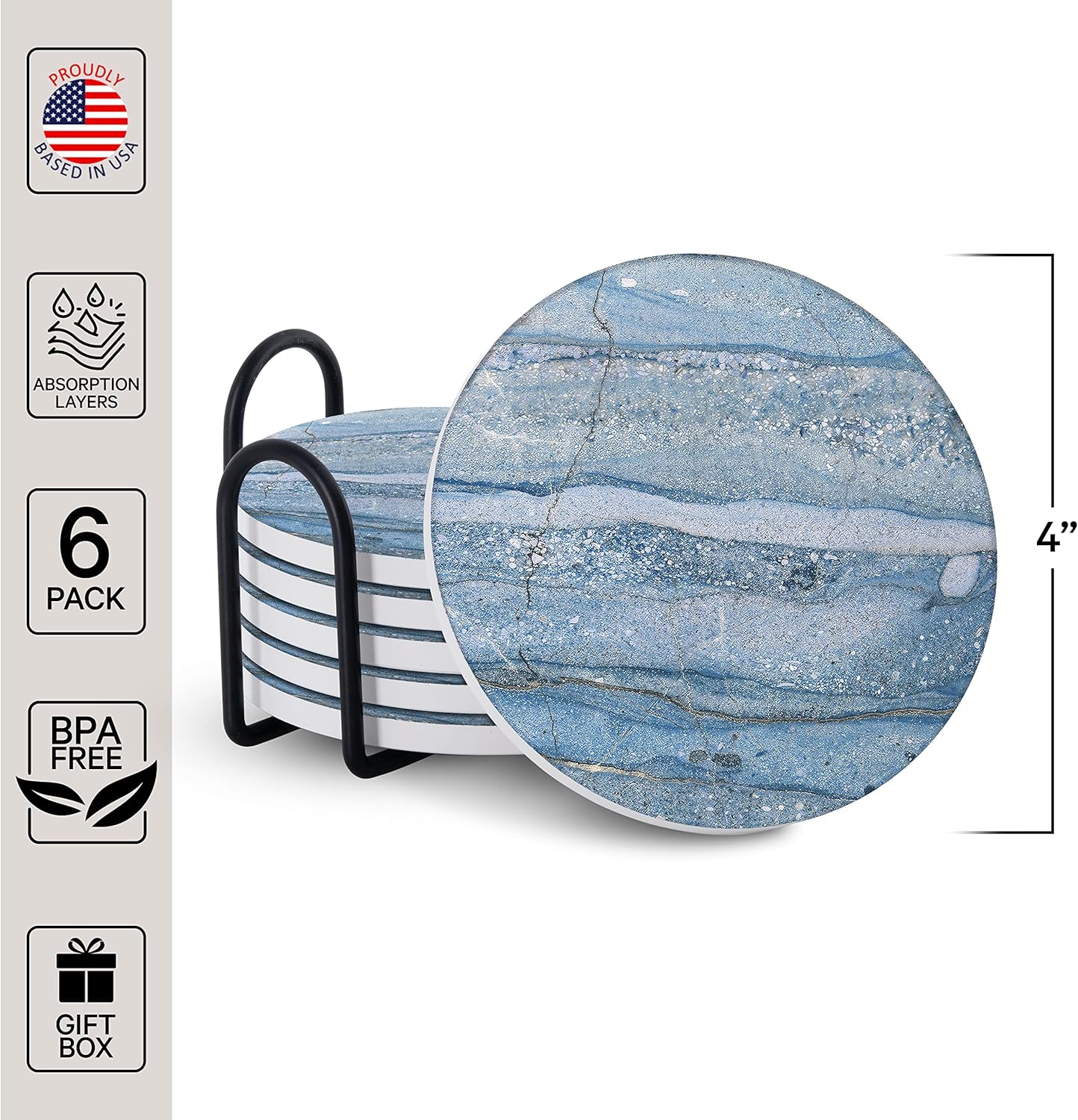 Emerson Coasters for Drinks Absorbent – Natural Stone Drink Coasters Set with Holder, Coasters for Coffee Table, Wooden Tabletop Protection Marble Style – 100% Heavy Duty Set of 6 (Beach)