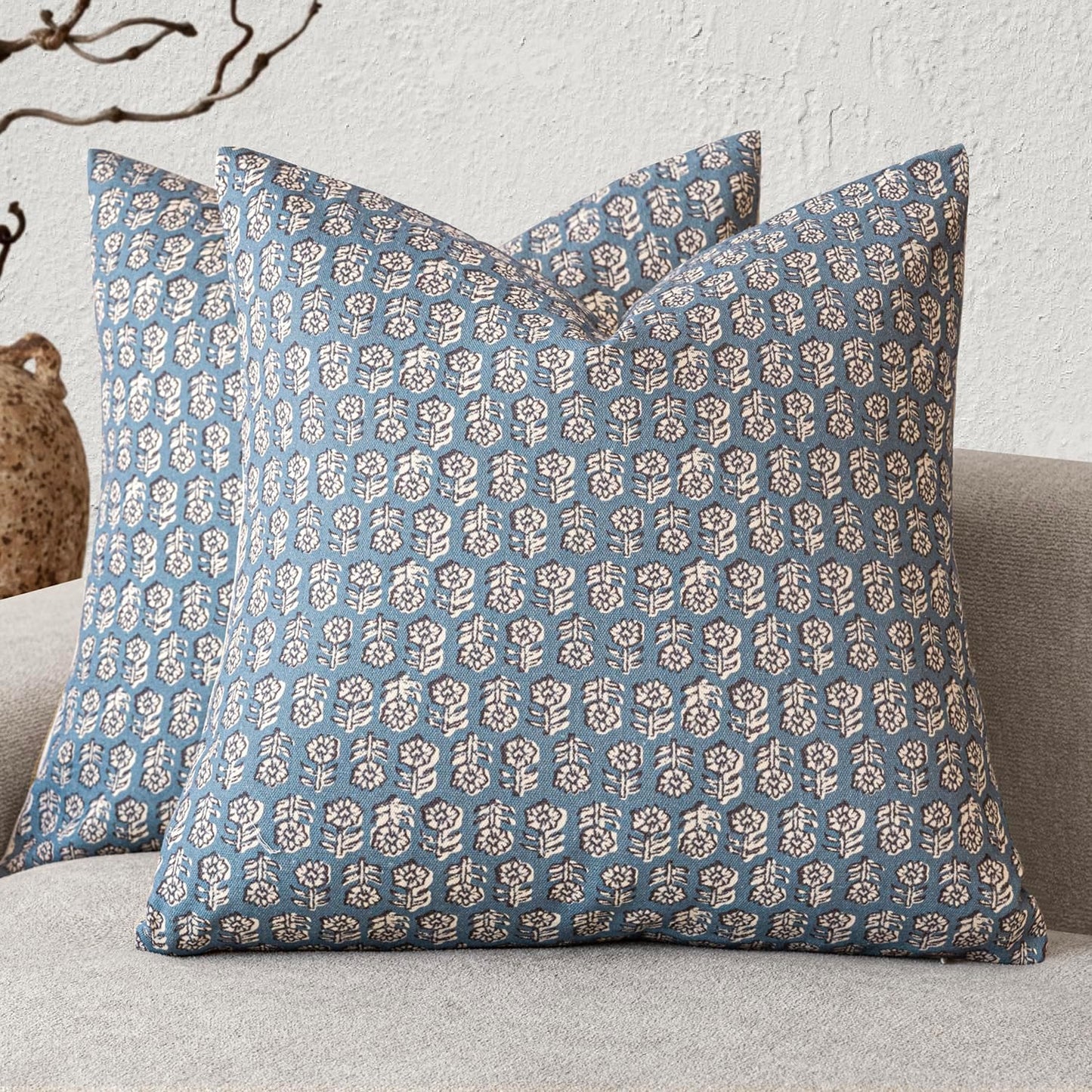 Foindtower Set of 2 Decorative Vintage Floral Print Throw Pillow Covers Neutral Modern Farmhouse Cushion Covers Boho Home Decor for Sofa Couch Chair Bedroom Living Room Outdoor,20×20 Inch,Dusty Blue