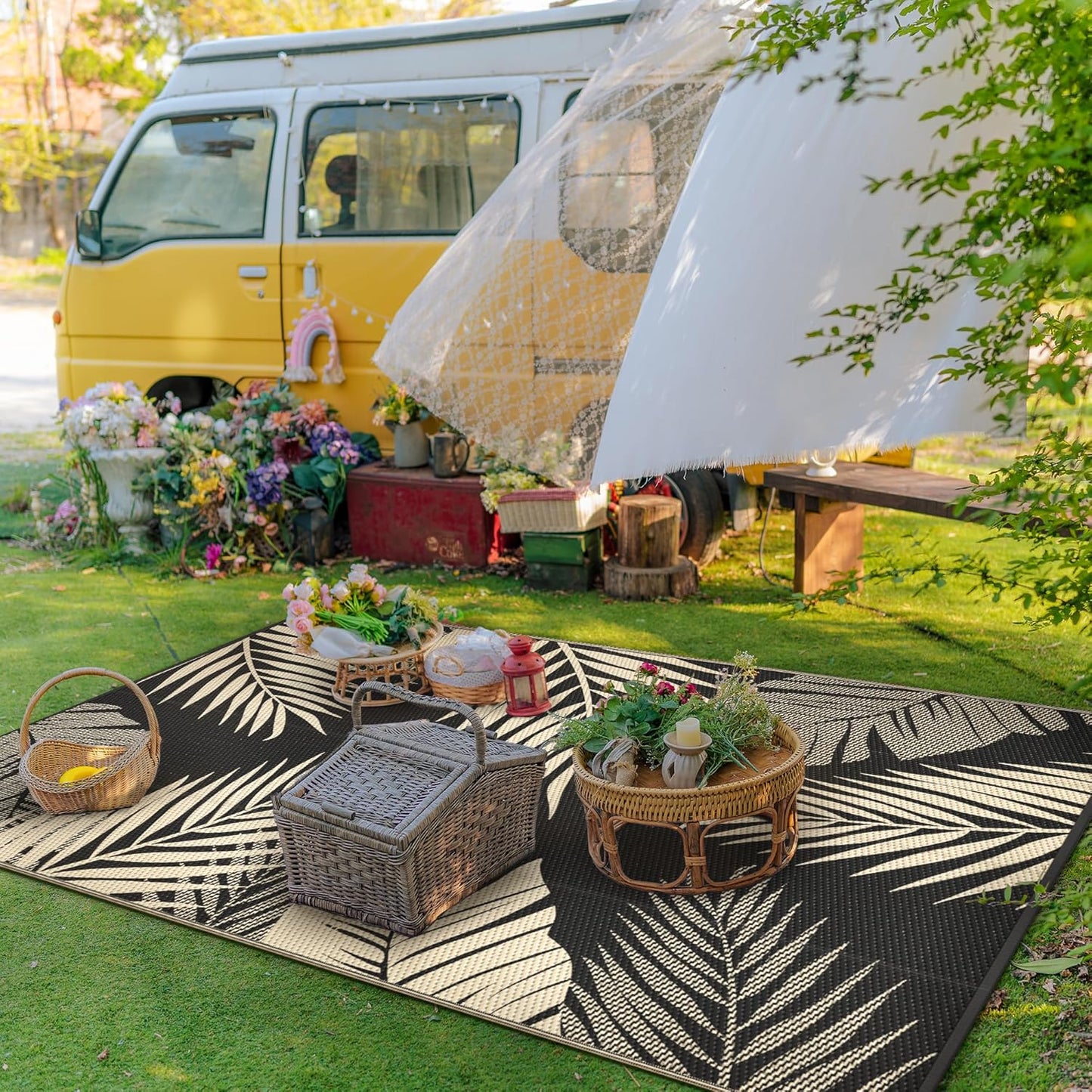 GENIMO Outdoor Rug 3' x 5' Waterproof for Patios Clearance, Reversible Outdoor Plastic Straw Camping Rug Carpet, Large Area Rugs Mats for RV, Camper, Deck, Balcony, Porch, Beach, Picnic, Black&Beige