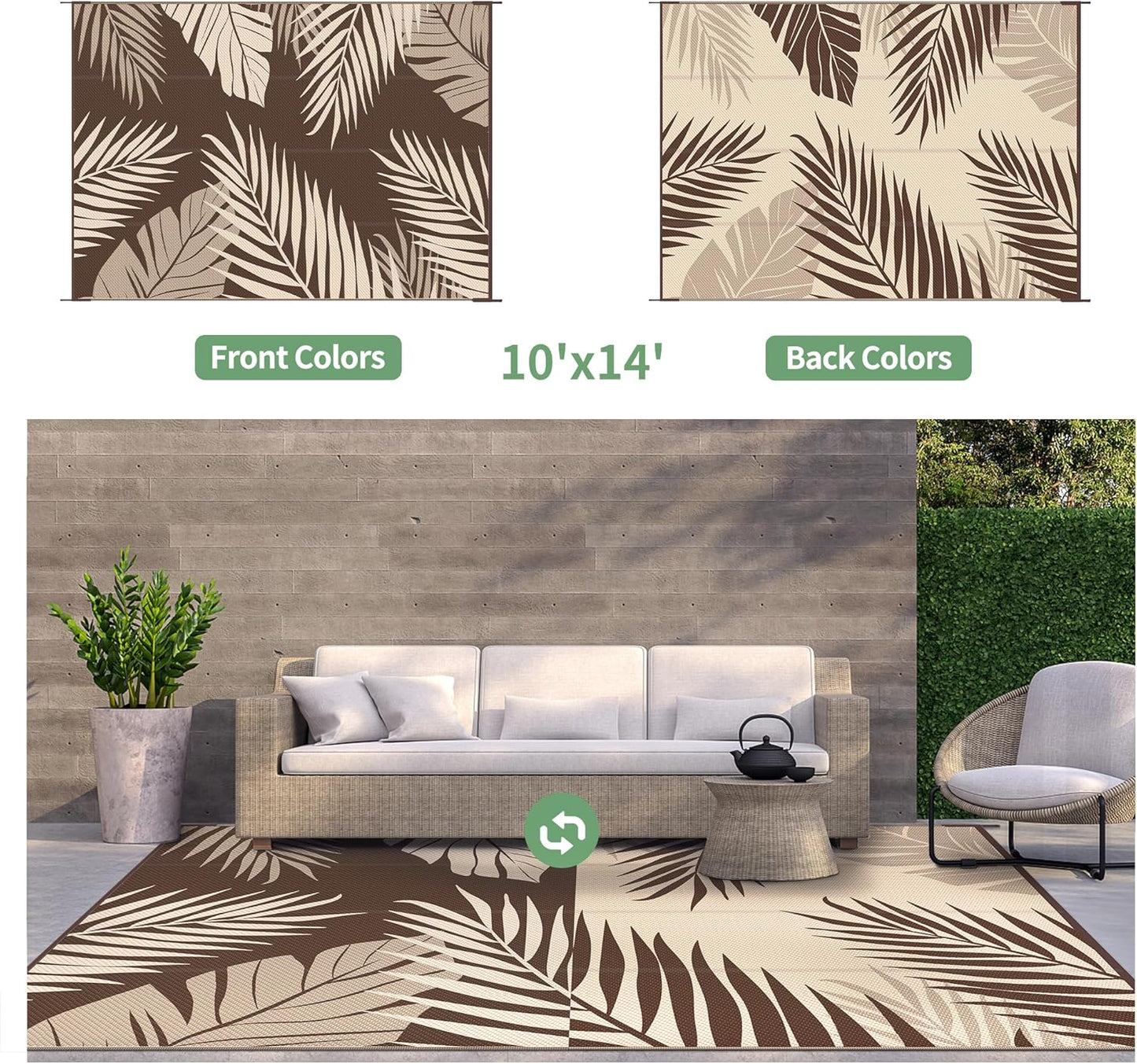 GENIMO Outdoor Rug 10' x 14' Waterproof for Patios Clearance, Reversible Outdoor Plastic Straw Camping Rug Carpet, Large Area Rugs Mats for RV, Camper, Deck, Balcony, Porch, Beach, Coffee&Beige