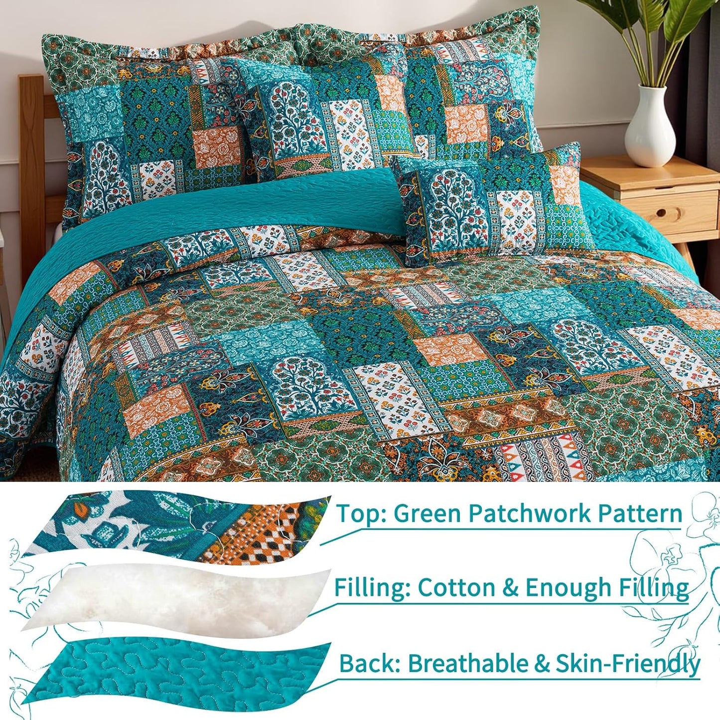 VAPUTAR Cotton Quilt Queen Size Bedding Set - 3 Pieces Farmhouse Queen Size Quilts for Bed, Lightweight Vintage Coverlets Bedspreads for Bedroom