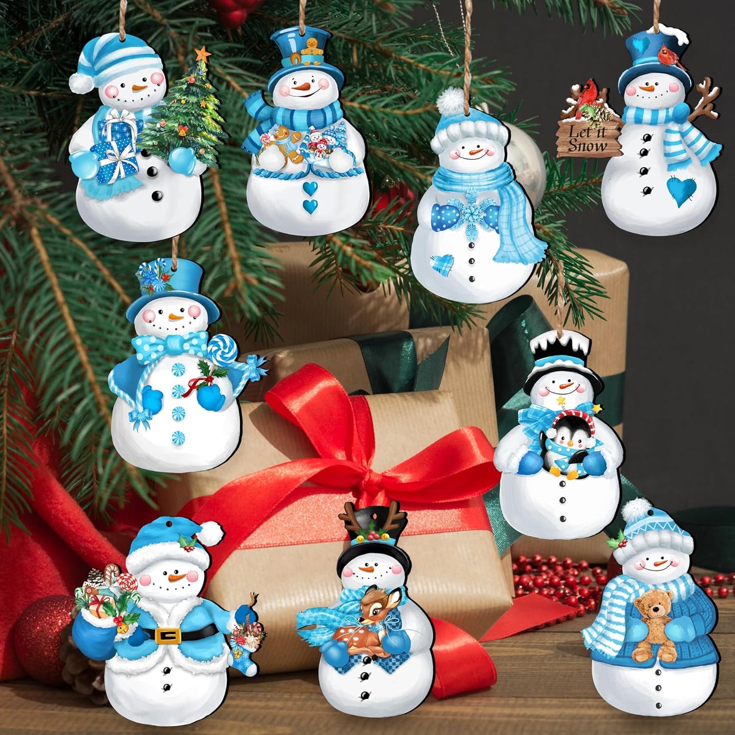 24 Pieces Christmas Snowman Wooden Ornaments Wood Hanging Decoration Set for Christmas Tree Hanging Wood Crafts Holiday Decor Xmas Party Supplies (Xmas-Snowman-B)
