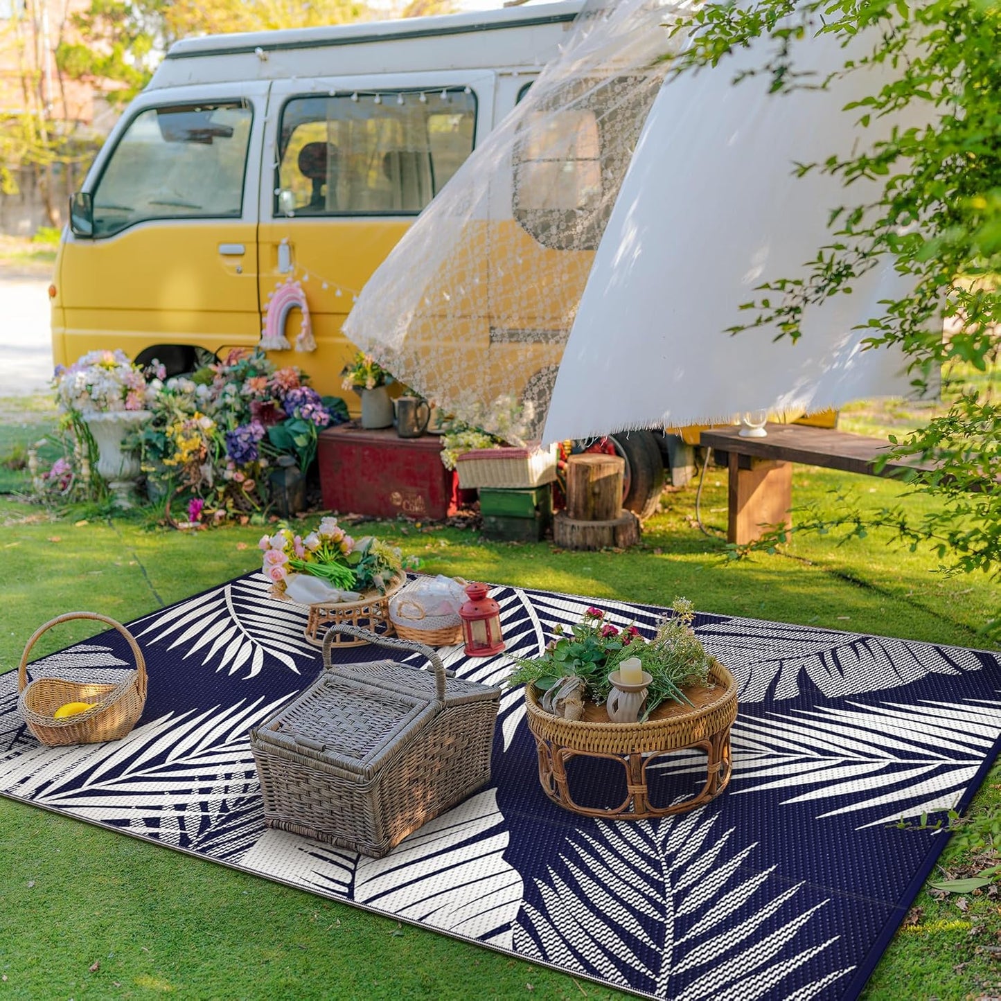 GENIMO Outdoor Rug 3' x 5' Waterproof for Patios Clearance, Reversible Outdoor Plastic Straw Camping Rug Carpet, Large Area Rugs Mats for RV, Camper, Deck, Balcony, Porch, Beach, Navy Blue&White