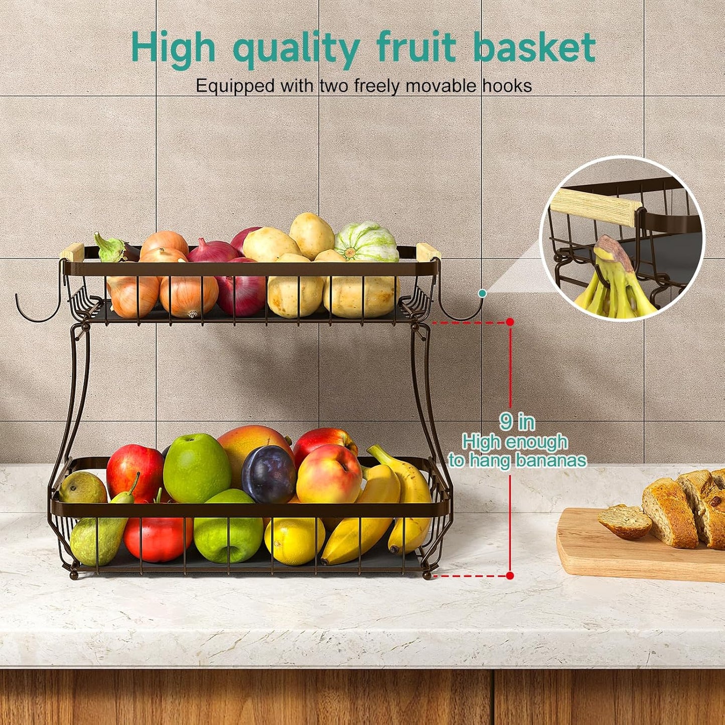 2 Tier Fruit Basket for Kitchen Counter with 2 Banana Hangers, 2025 Pro Detachable Metal Fruit Bowl with Wooden Handle,Fruit Holder for Bread Snack Veggies, Brown