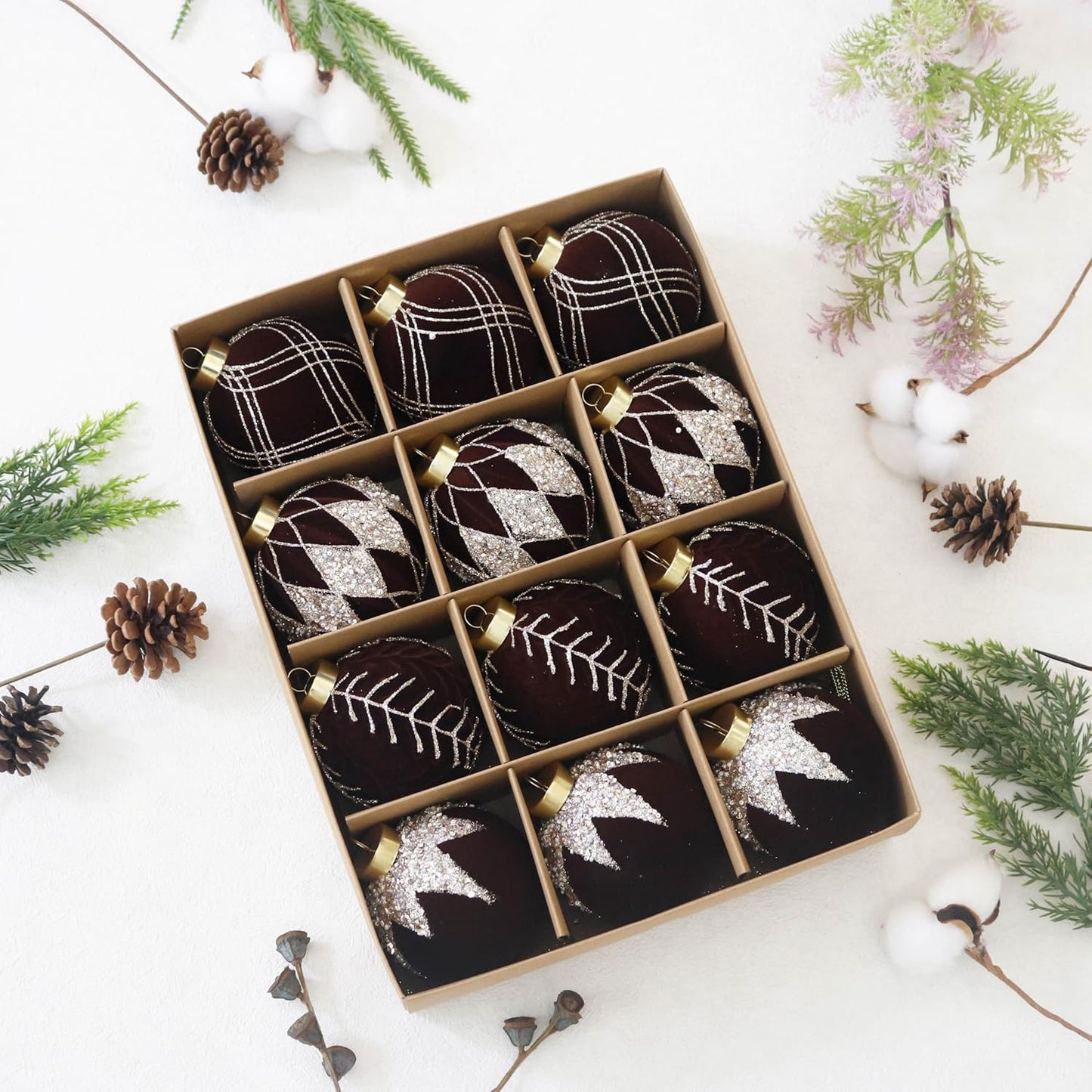 3.15INCH Brown Velvet Ornaments for Christmas Tree, 12PCS Glitter Flocked Christmas Ornaments Decorations Balls Set Decor