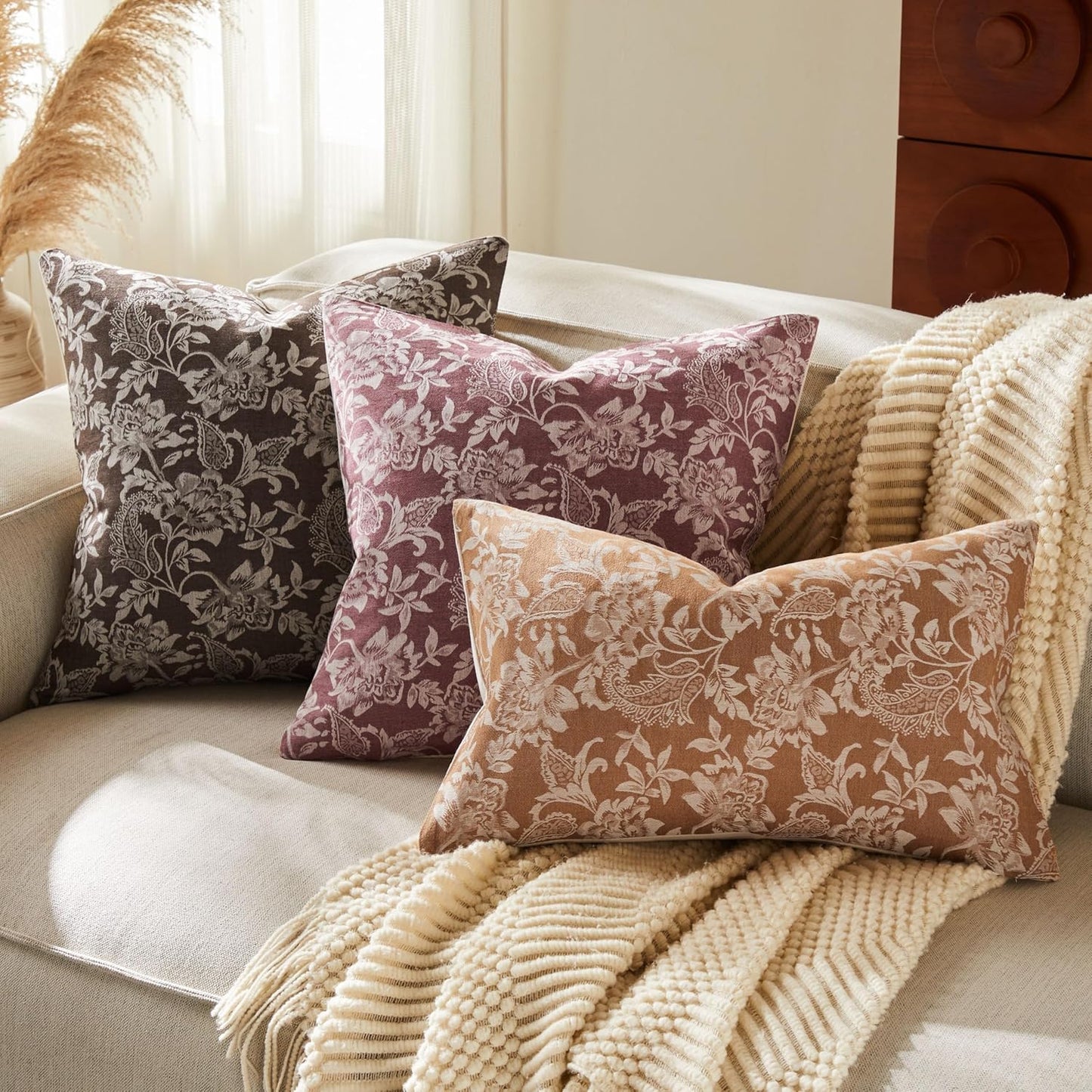 Floral Jacquard Throw Pillow Covers Set of 2, Background/Burgundy 16x16 Inch, Farmhouse Decorative Cotton Burgundy Cushion Covers for Sofa Bed Living Room Home Decor