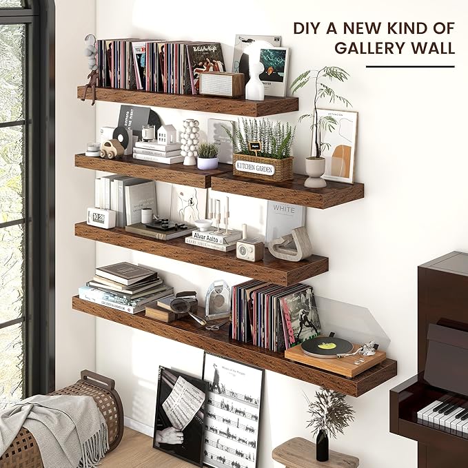 Floating Shelves - 2 Large Wall Mounted Shelves with Invisible Brackets, Long Wood Floating Wall Shelf for Living Room, Bedroom, Kitchen, (Brown, 24" W x 9" D x 1.5" H)
