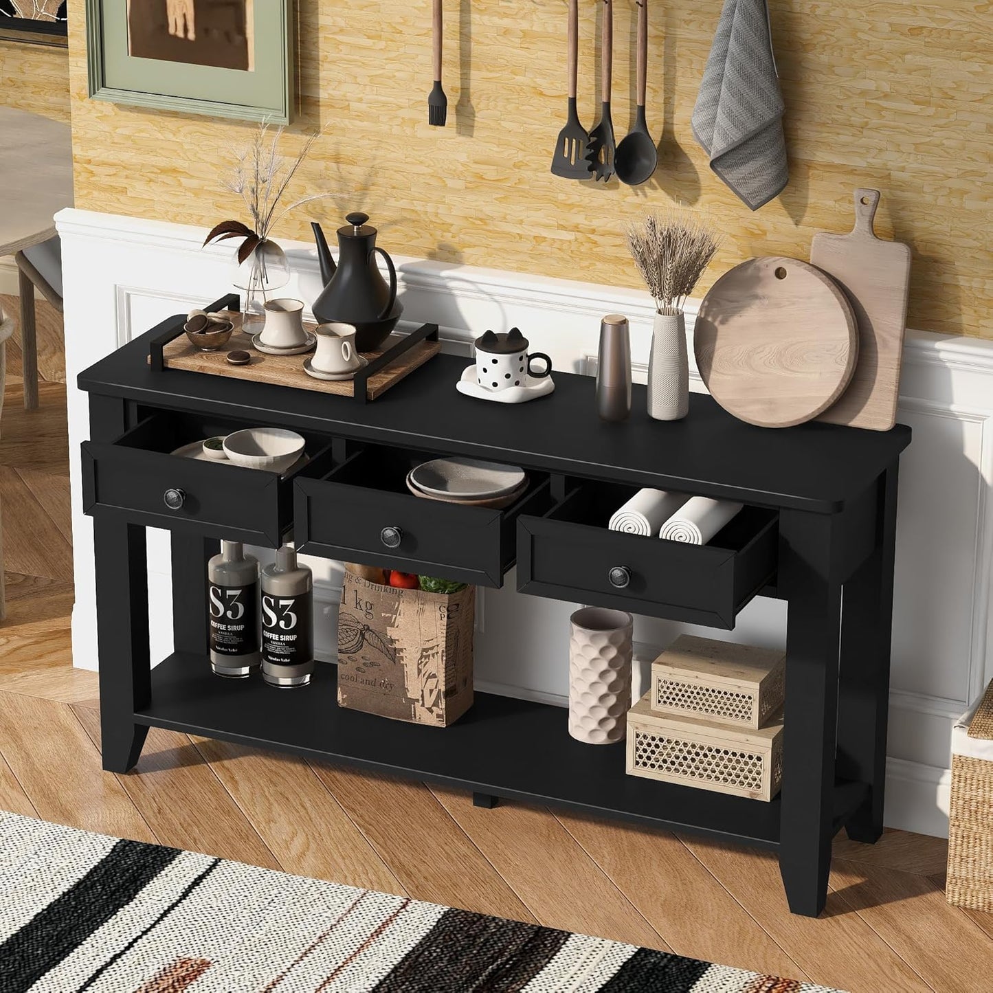 Farmhouse Modern Console Table 55.4-Inch Entryway Sofa Table with Drawers & Storage Shelf for Living Room Hallway Entrance, Black