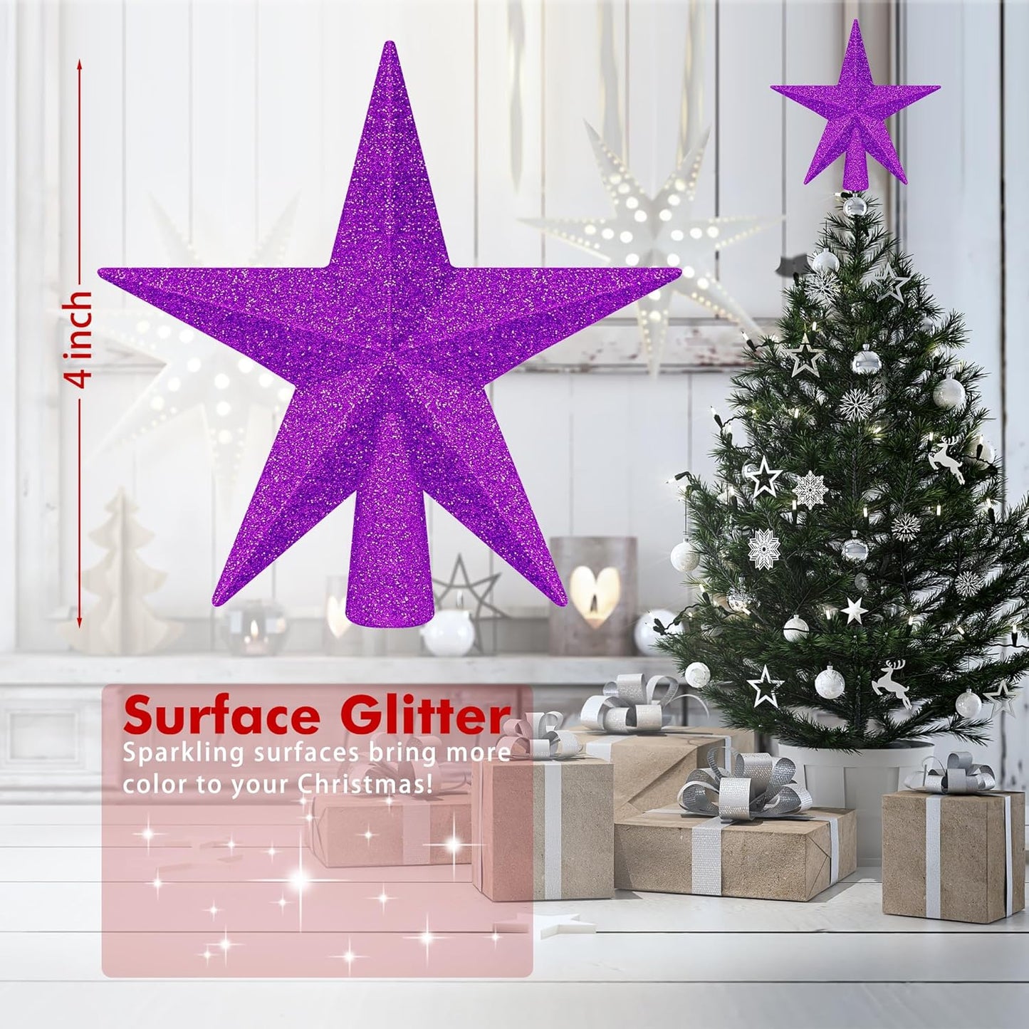1PCS Christmas Tree Star Topper, Purple 4" Xmas Tree Topper Decorations, Glitter Shatterproof Mini Bethlehem Star Tree Decor, Waterproof Star Tree Topper for Christmas Holiday Indoor/Outdoor Ornament