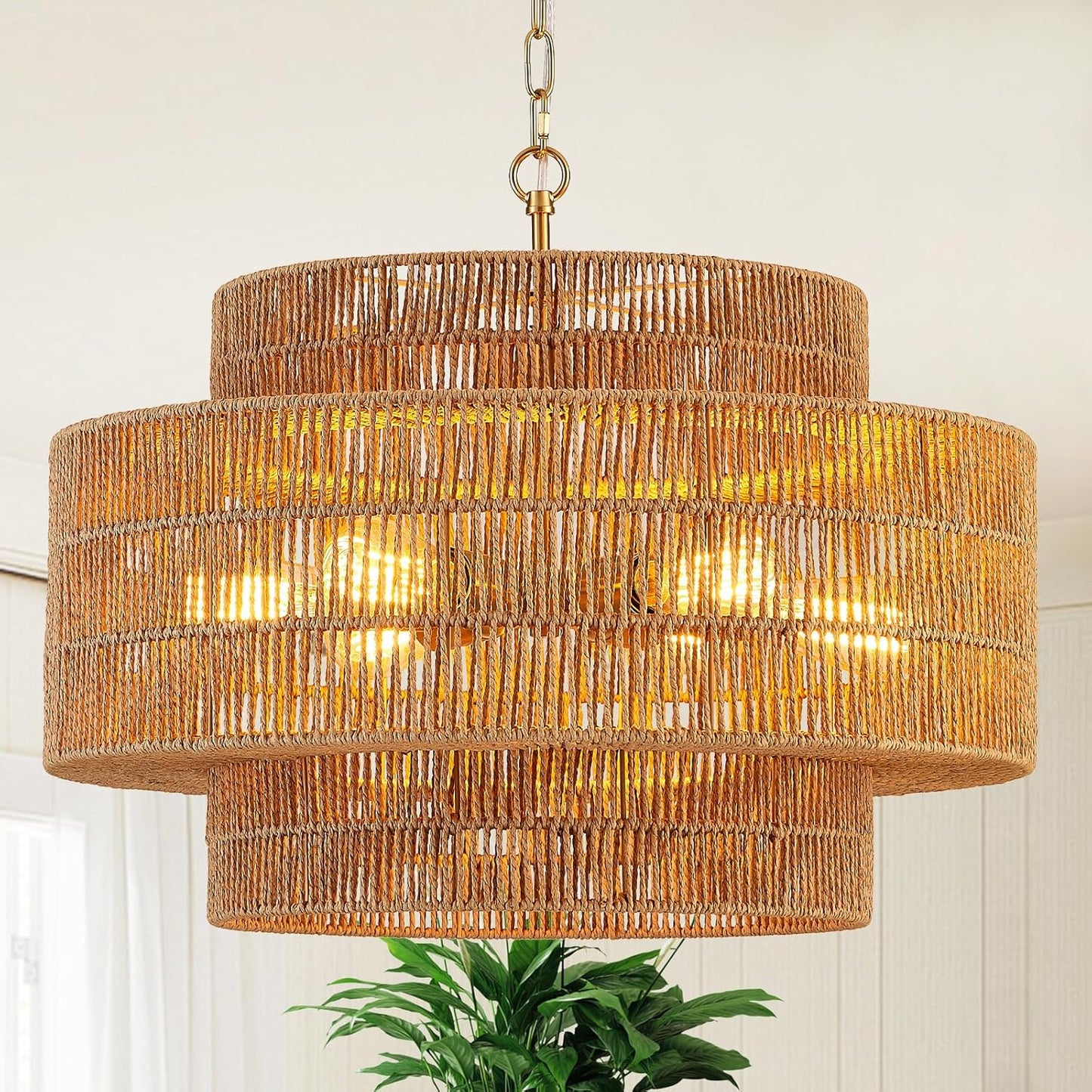 23.6" Rattan Chandelier Light Fixture 6-Light Vintage Farmhouse Hand-Woven Boho Bamboo Rattan Chandelier 3-Tier Drum Wicker Gold Chandeliers for Dining Room, Kitchen, Living Room