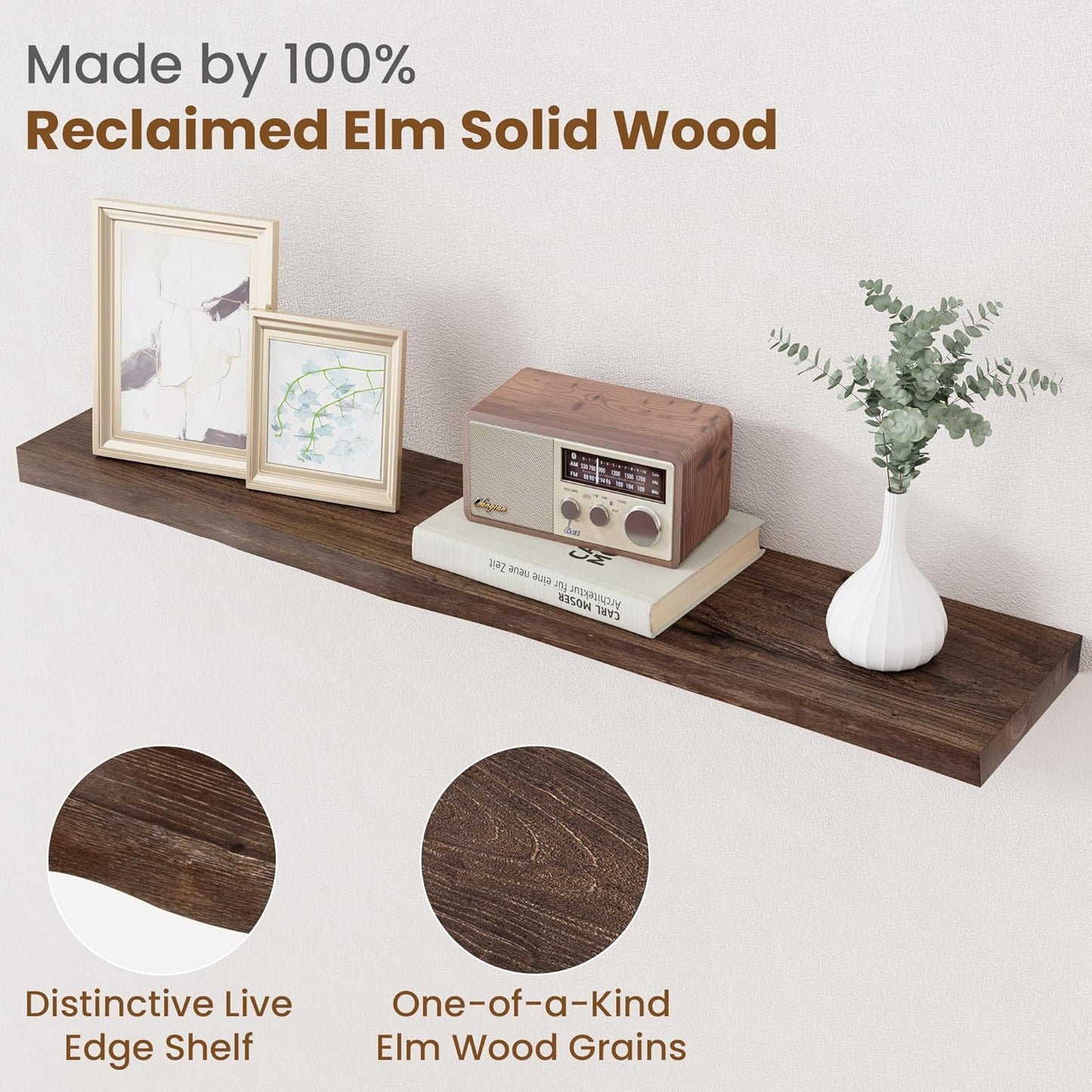 Floating Shelves for Wall Decor, Rustic Solid Elm Wood Floating Shelves Wall Mounted, Wall Shelves with Invisible Bracket for Living Room Bathroom Bedroom Kitchen, 36 Inch Set of 2, Walnut