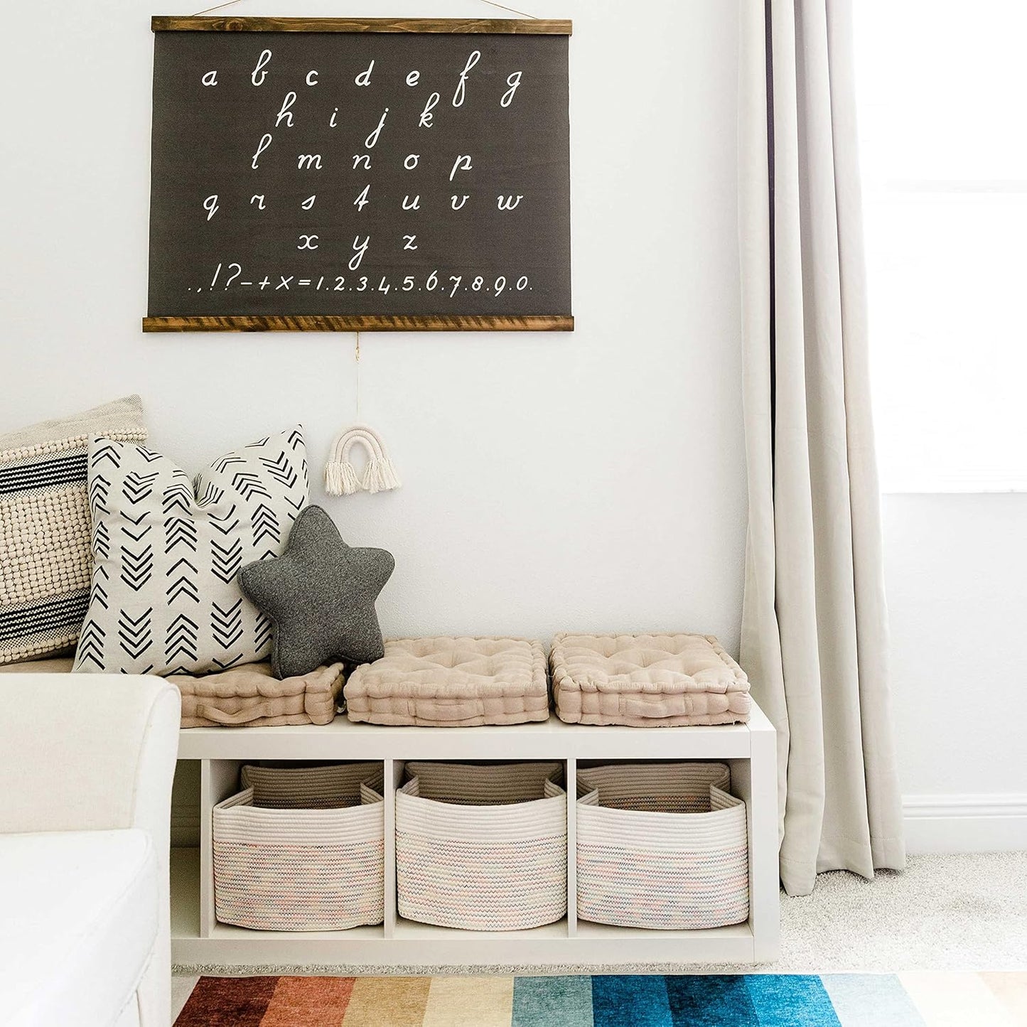 OrganiHaus Woven Storage Baskets for Organizing, Cotton Rope Organizer Bins for Shelves, Closet & Nursery, Dog Toy Basket, Decorative Bins for Toys, Towels & Books - 15x10x9, Rainbow Stitches