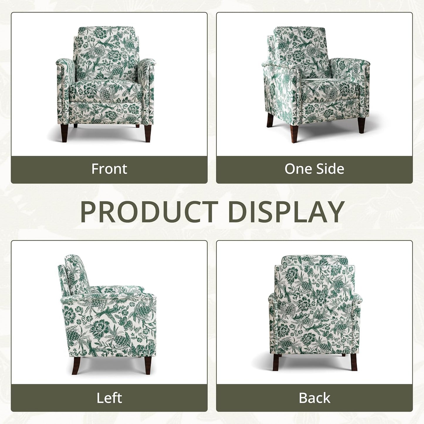 Floral Accent Chair, High Back Upholstered Armchair with Solid Wooden Legs, Padded Armrest and Removable Comfortable Cushioned Seat Single Sofa for Living Room, Bedroom, Green