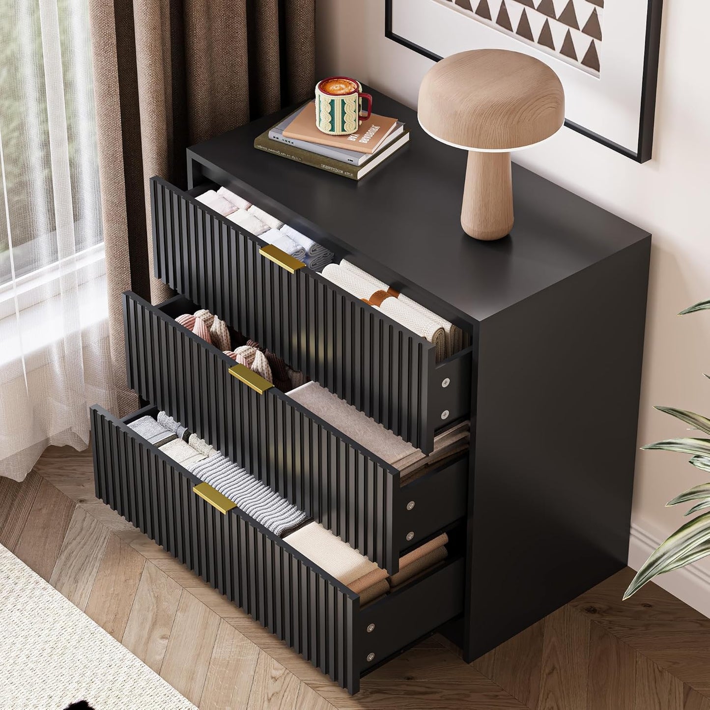 Black Fluted Dresser for Bedroom, 32 Inch Wide Nightstand with Large Drawer, 3 Drawer End Table for Bedroom, Living Rooms, Offices, and Entryways