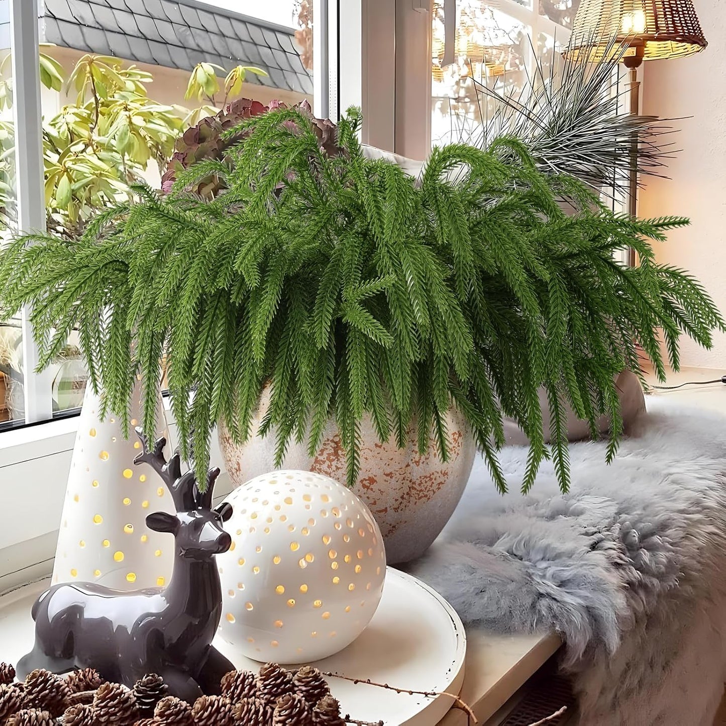 24 Pcs Artificial Norfolk Pine Branches, Faux Norfolk Pine Stems DIY Crafts Faux Christmas Norfolk Pine Branches for Xmas Indoor Outdoor Home Decor (24)
