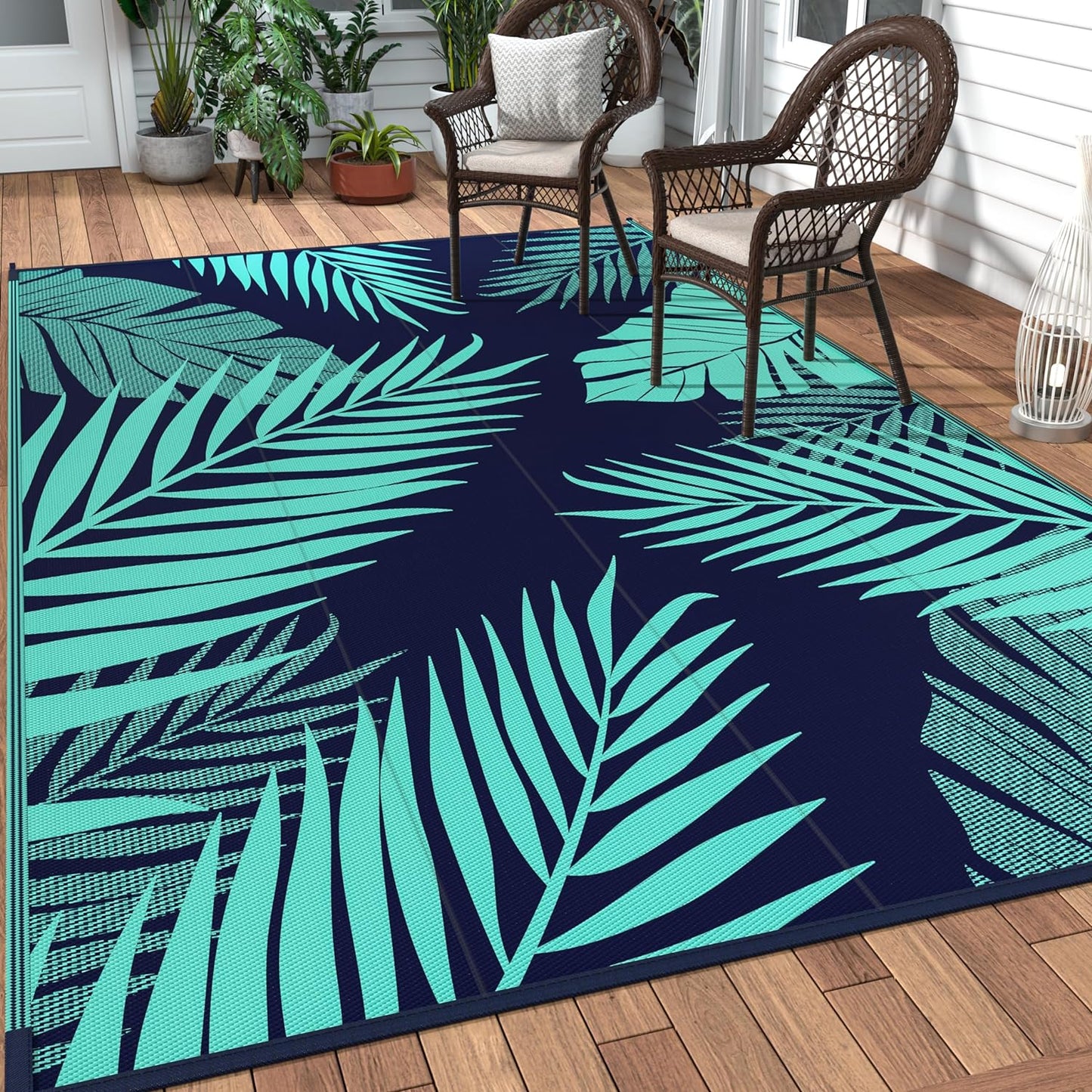 GENIMO Outdoor Rug 5' x 8' Waterproof for Patios Clearance, Reversible Outdoor Plastic Straw Camping Rug Carpet, Large Area Rugs Mats for RV, Camper, Deck, Balcony, Porch, Beach, Navy Blue&Jade Green