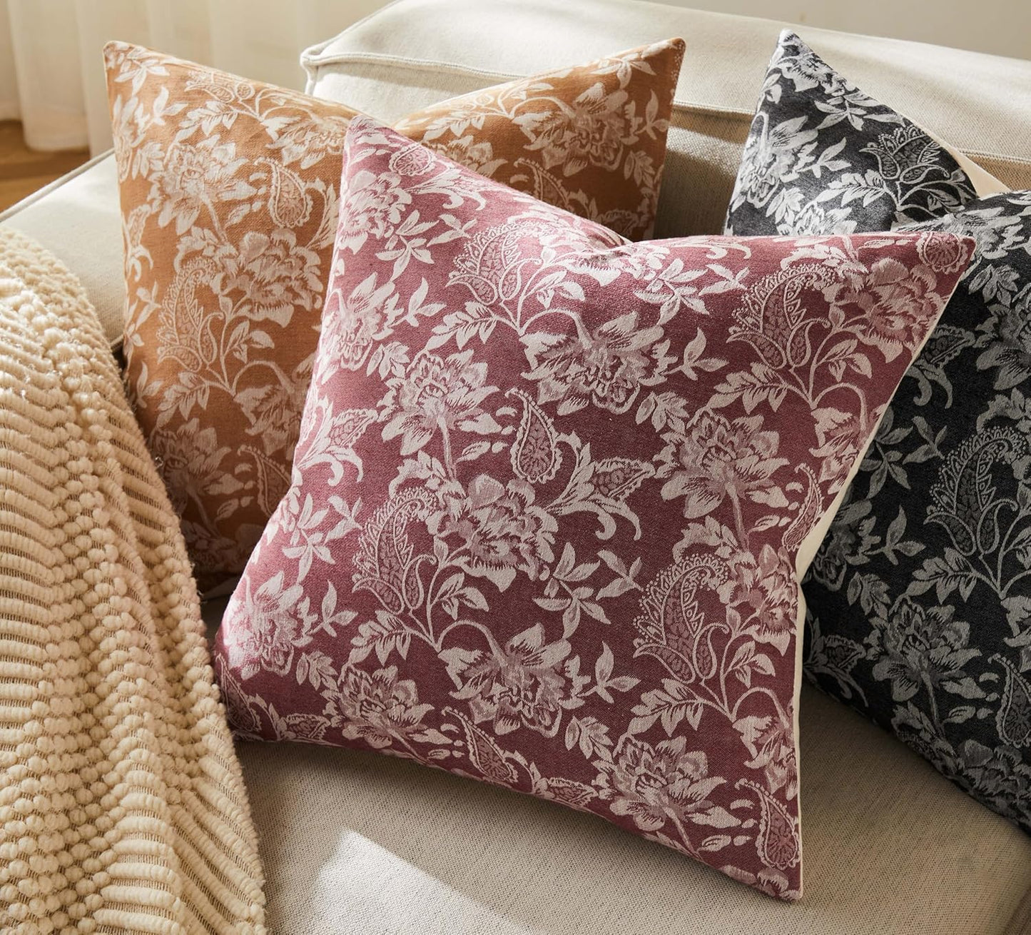 Floral Jacquard Throw Pillow Covers Set of 2, Background/Burgundy 24x24 Inch, Farmhouse Decorative Cotton Burgundy Cushion Covers for Sofa Bed Living Room Home Decor