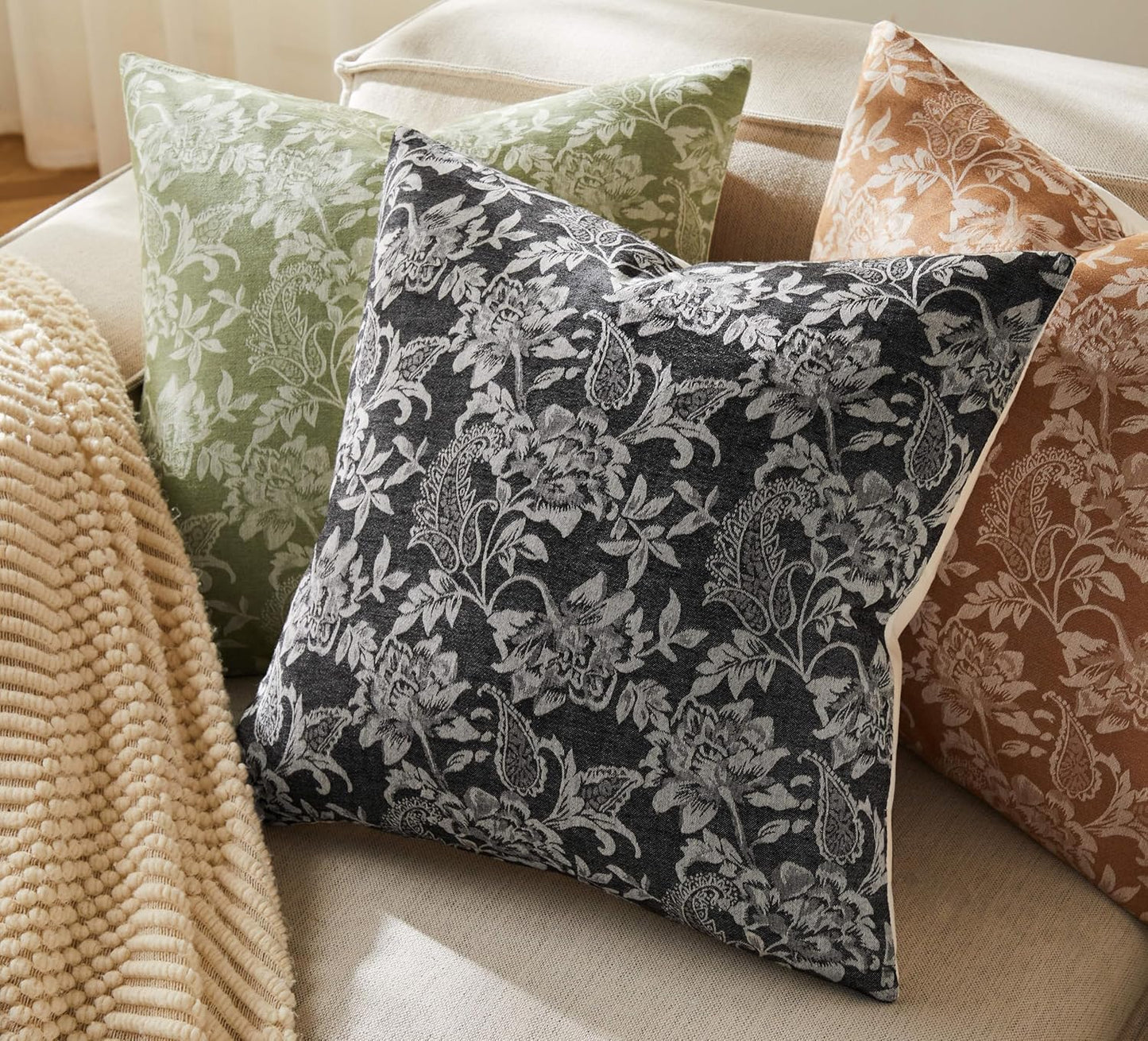 Floral Jacquard Throw Pillow Covers Set of 2, Background/Charcoal 18x18 Inch, Farmhouse Decorative Cotton Dark Grey Cushion Covers for Sofa Bed Living Room Home Decor