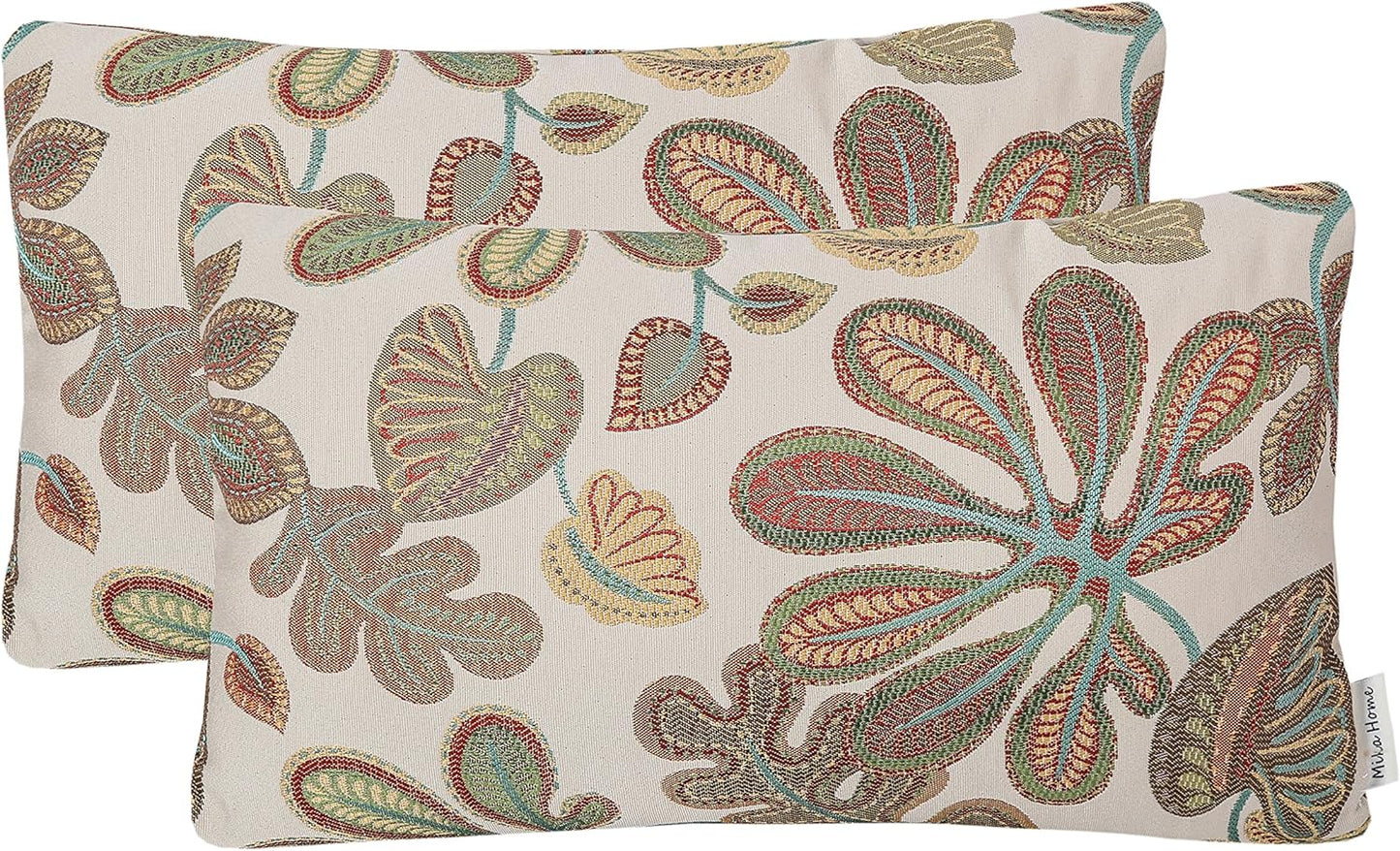 Set of 2 Jacquard Tropical Leaf Pattern Oblong Throw Pillow Covers Accent Pillowcase 12X20 Inches,Teal Cream